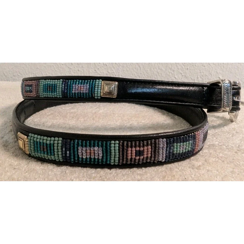 Brighton Beaded Leather Skinny Belt Size Medium 30 Southwestern Q3502 Black